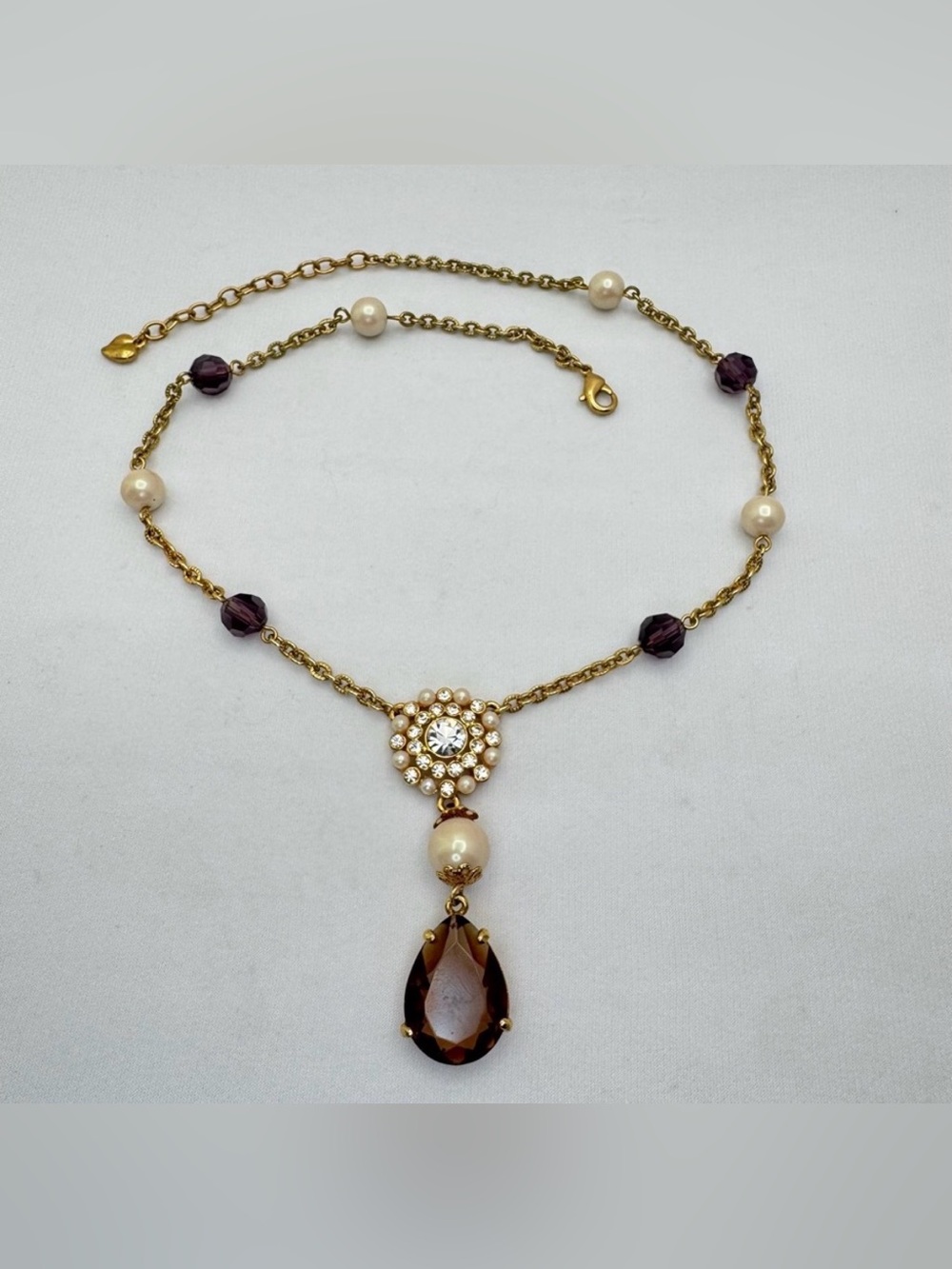 Carolee Gold Crystal Beads Lucite Center Faux Pearl Drop Necklace Vintage Style